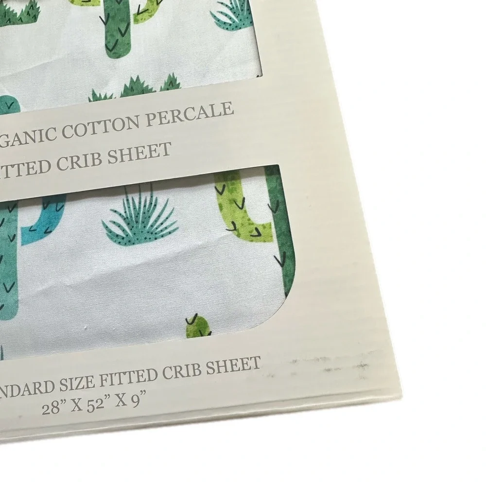 Addison Belle‎ Organic Cotton Percale Fitted Crib Sheet Cactus Print White Green